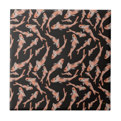 Watercolor Orange Koi Black Fish Pattern Ceramic Tile