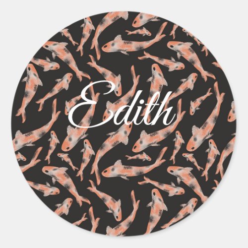 Watercolor Orange Koi Fish Black Personalized Classic Round Sticker