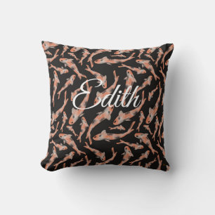 Watercolor Orange Koi Fish Black Personalized Throw Pillow