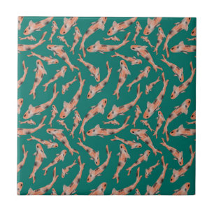Watercolor Orange Koi Fish Teal Pattern Ceramic Tile