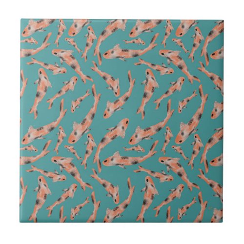 Watercolor Orange Koi Fish Turquoise Pattern Ceramic Tile