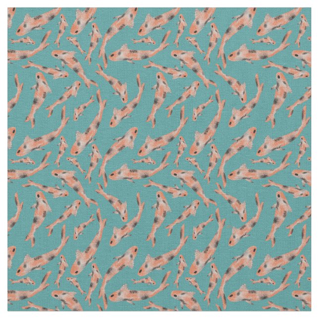 Watercolor Orange Koi Fish Turquoise Pattern Fabric (Close Up)