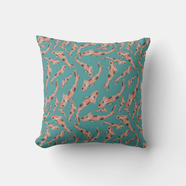 Watercolor Orange Koi Fish Turquoise Pattern Throw Pillow (Front)