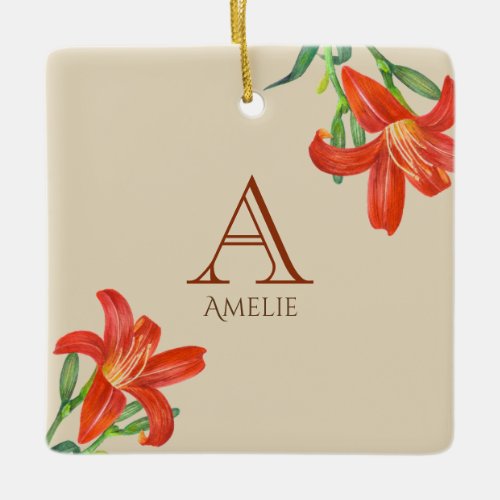 Watercolor Orange Lily Botanical Art Monogram Ceramic Ornament