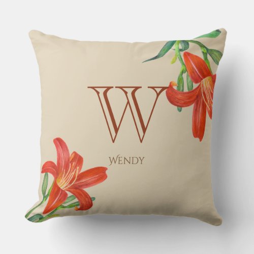 Watercolor Orange Lily Botanical Art Monogram Throw Pillow
