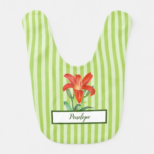 Watercolor Orange Lily Botanical Green Stripes Baby Bib