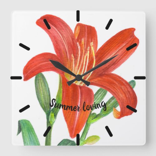 Watercolor Orange Lily Botanical Illustration Square Wall Clock