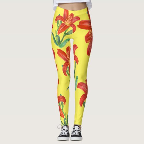 Watercolor Orange Lily Floral Art Leggings