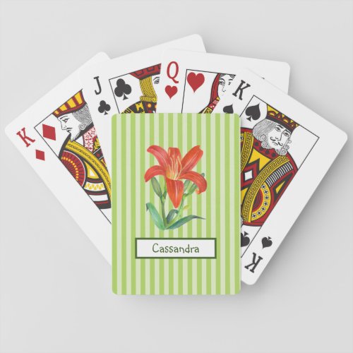 Watercolor Orange Lily Green Stripes Design Playing Cards
