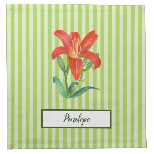 Watercolor Orange Lily Green Stripes Pattern Cloth Napkin