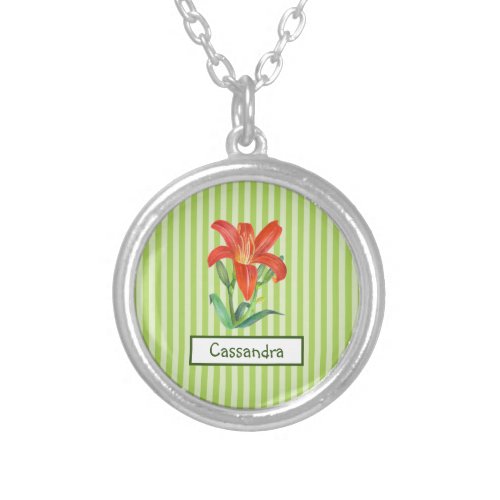 Watercolor Orange Lily Green Stripes Pattern Silver Plated Necklace