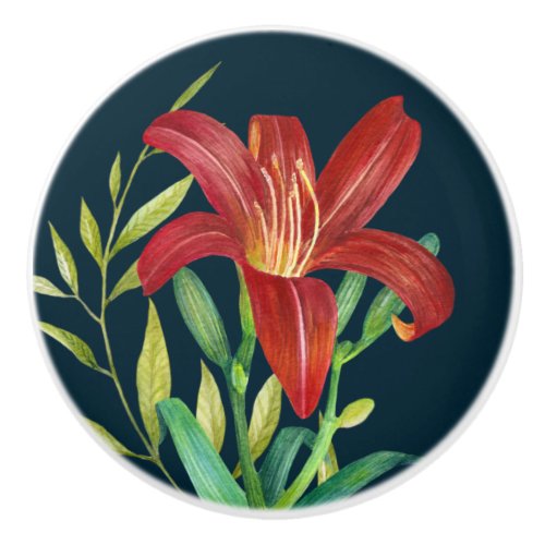 Watercolor Orange Lily Illustration Dark Blue Ceramic Knob