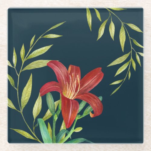 Watercolor Orange Lily Illustration Dark Blue Glass Coaster