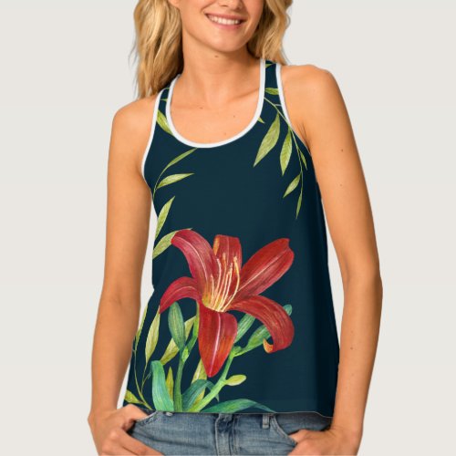 Watercolor Orange Lily Illustration Dark Blue Tank Top