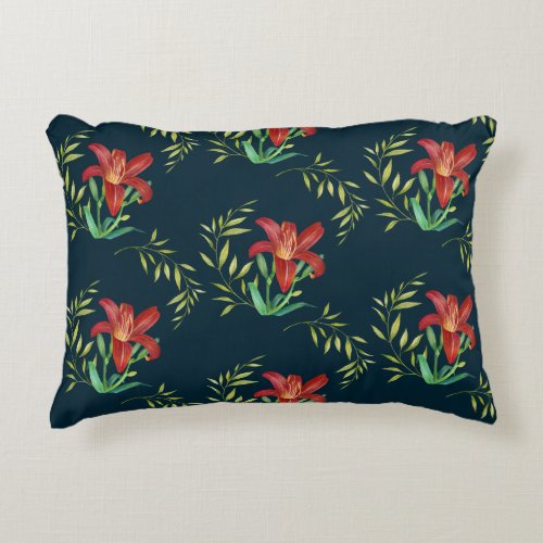 Watercolor Orange Lily Illustration Dark Turquoise Accent Pillow