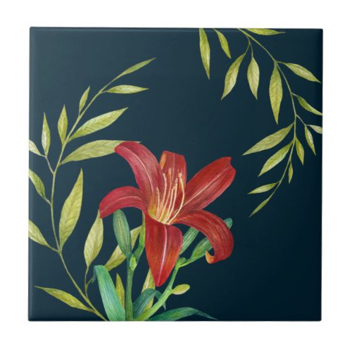 Watercolor Orange Lily Illustration Dark Turquoise Ceramic Tile