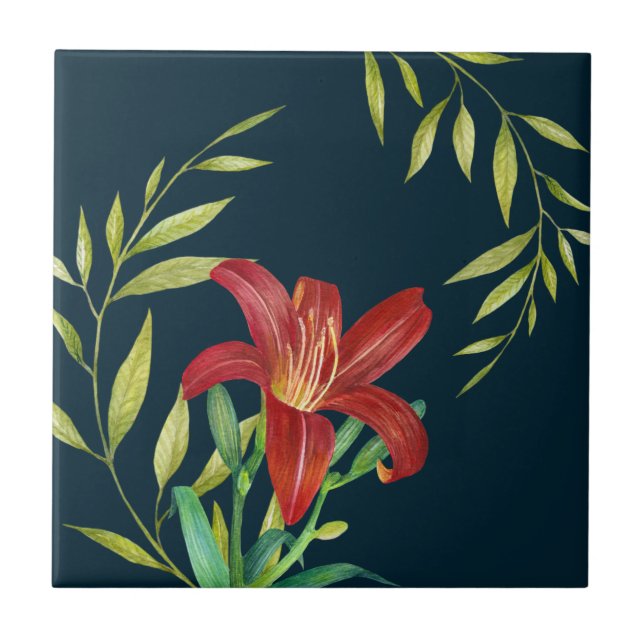 Watercolor Orange Lily Illustration Dark Turquoise Ceramic Tile (Front)