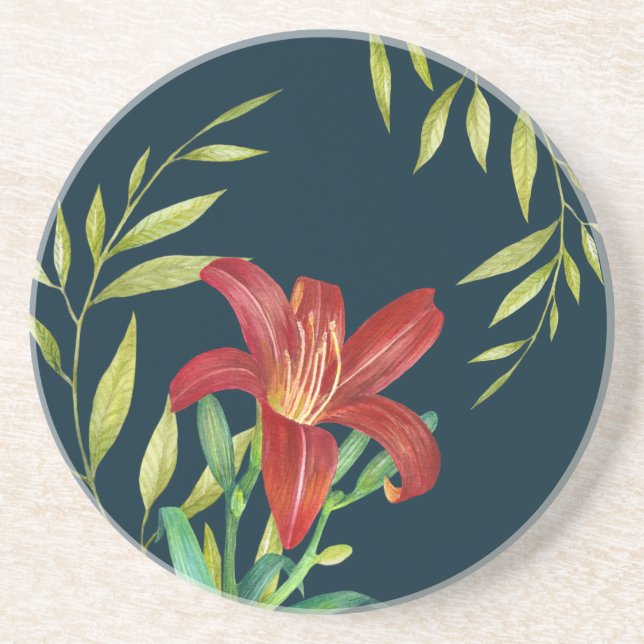 Watercolor Orange Lily Illustration Dark Turquoise Coaster (Front)