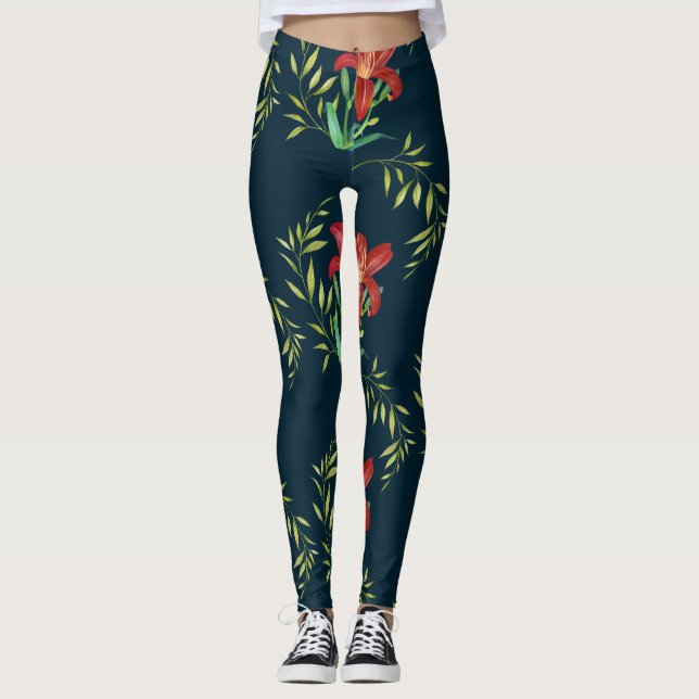Watercolor Orange Lily Illustration Dark Turquoise Leggings (Front)