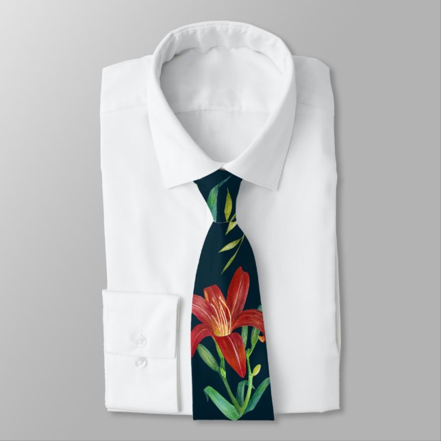 Watercolor Orange Lily Illustration Dark Turquoise Neck Tie (Tied)