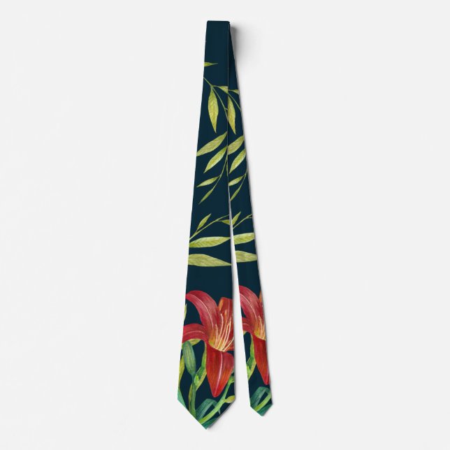 Watercolor Orange Lily Illustration Dark Turquoise Neck Tie (Front)