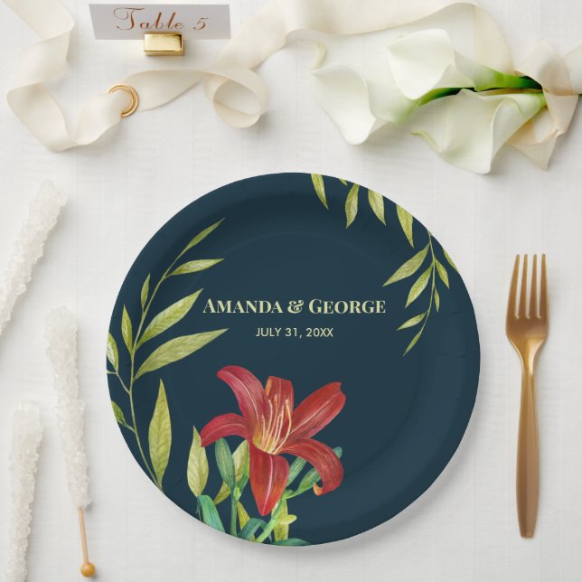 Watercolor Orange Lily Illustration Dark Turquoise Paper Plates (Wedding)