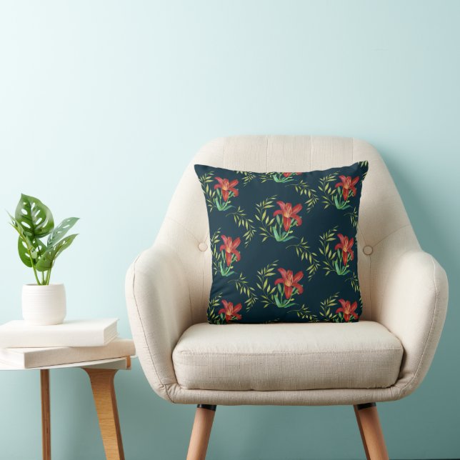 Watercolor Orange Lily Illustration Dark Turquoise Throw Pillow (Chair)