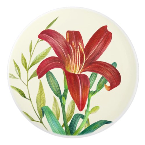 Watercolor Orange Lily Illustration over Beige Ceramic Knob