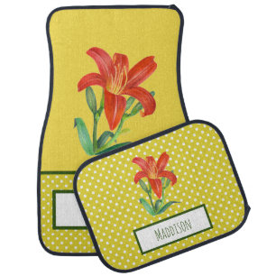 Watercolor Orange Lily Lemon Green Polka Dots Car Floor Mat