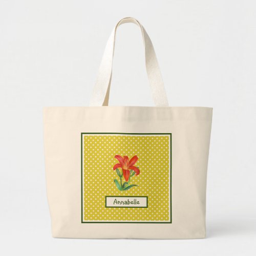 Watercolor Orange Lily Lemon Green Polka Dots Large Tote Bag