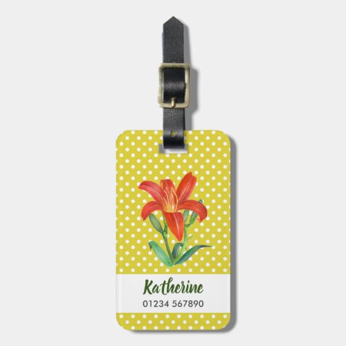 Watercolor Orange Lily Lemon Green Polka Dots Luggage Tag