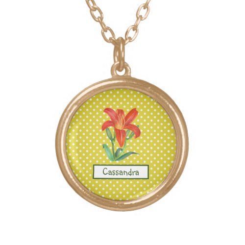 Watercolor Orange Lily Lemon Green White Polka Dot Gold Plated Necklace