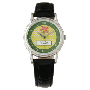 Watercolor Orange Lily Polka Dots Roman Numbers Watch