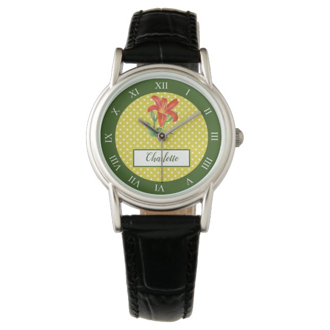 Watercolor Orange Lily Polka Dots Roman Numbers Watch (Front)