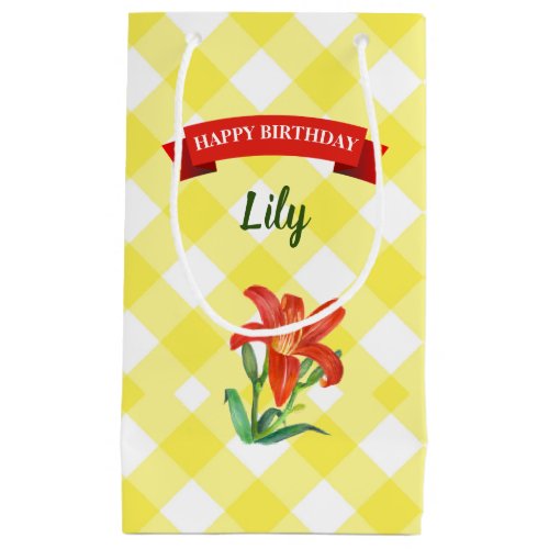 Watercolor Orange Lily Yellow White Gingham Small Gift Bag