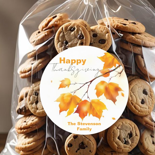 Watercolor Orange Maple Leaf Thanksgiving Favor Classic Round Sticker (Creator Uploaded)