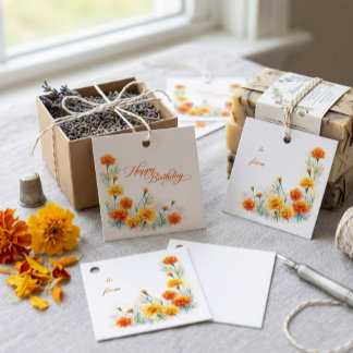 Watercolor Orange Marigold Floral Birthday  Favor Tags