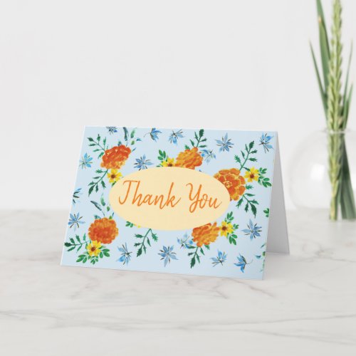 Watercolor Orange Marigold Flowers Light Blue Thank You Card