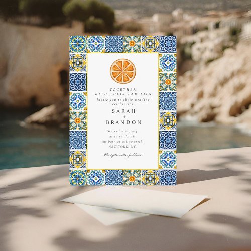Watercolor Orange Mediterranean Blue tile Wedding  Invitation