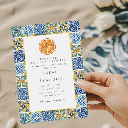 Watercolor Orange Mediterranean Blue tile Wedding  Invitation