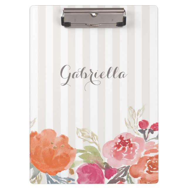 Watercolor Orange Peonies Pinstripes Custom Clipboard (Front)