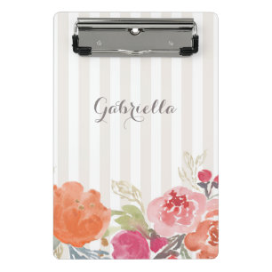 Watercolor Orange Peonies Pinstripes Personalized Mini Clipboard