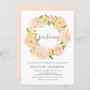 Watercolor Orange Peony Wreath Christening Invitation