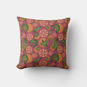 Watercolor Orange Pink Fruit Pattern Throw Pillow