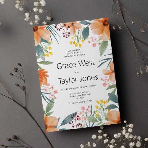 Watercolor orange pink green yellow floral Wedding Invitation