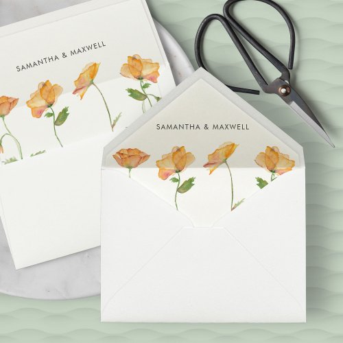 Watercolor Orange Poppies Personalized Stationery Envelope Liner