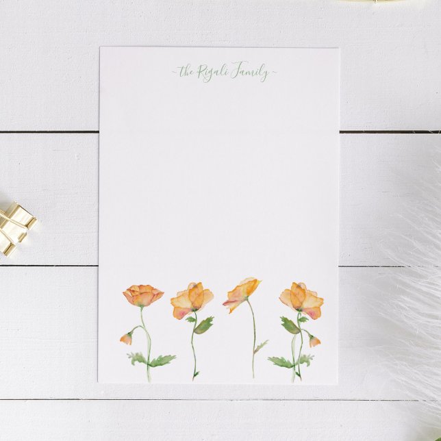 Watercolor Orange Poppies Personalized Stationery Note Card (note card with watercolor poppies in shades of orange personalized with your name.)
