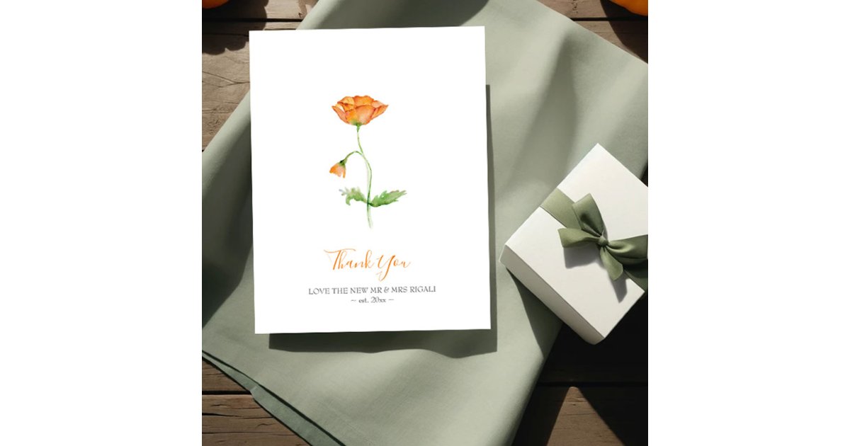Watercolor Orange Poppies Thank You Note Holiday Card | Zazzle