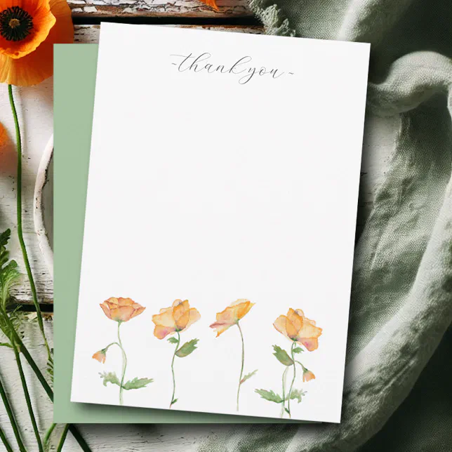 Watercolor Orange Poppies Thank You Stationery Note Card | Zazzle