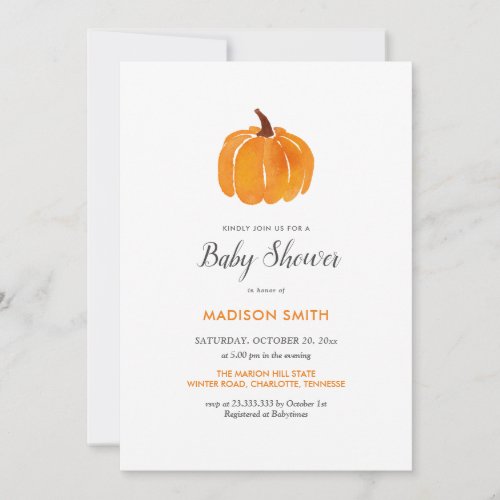 Watercolor Orange Pumpkin Autumn  Baby Shower Invitation